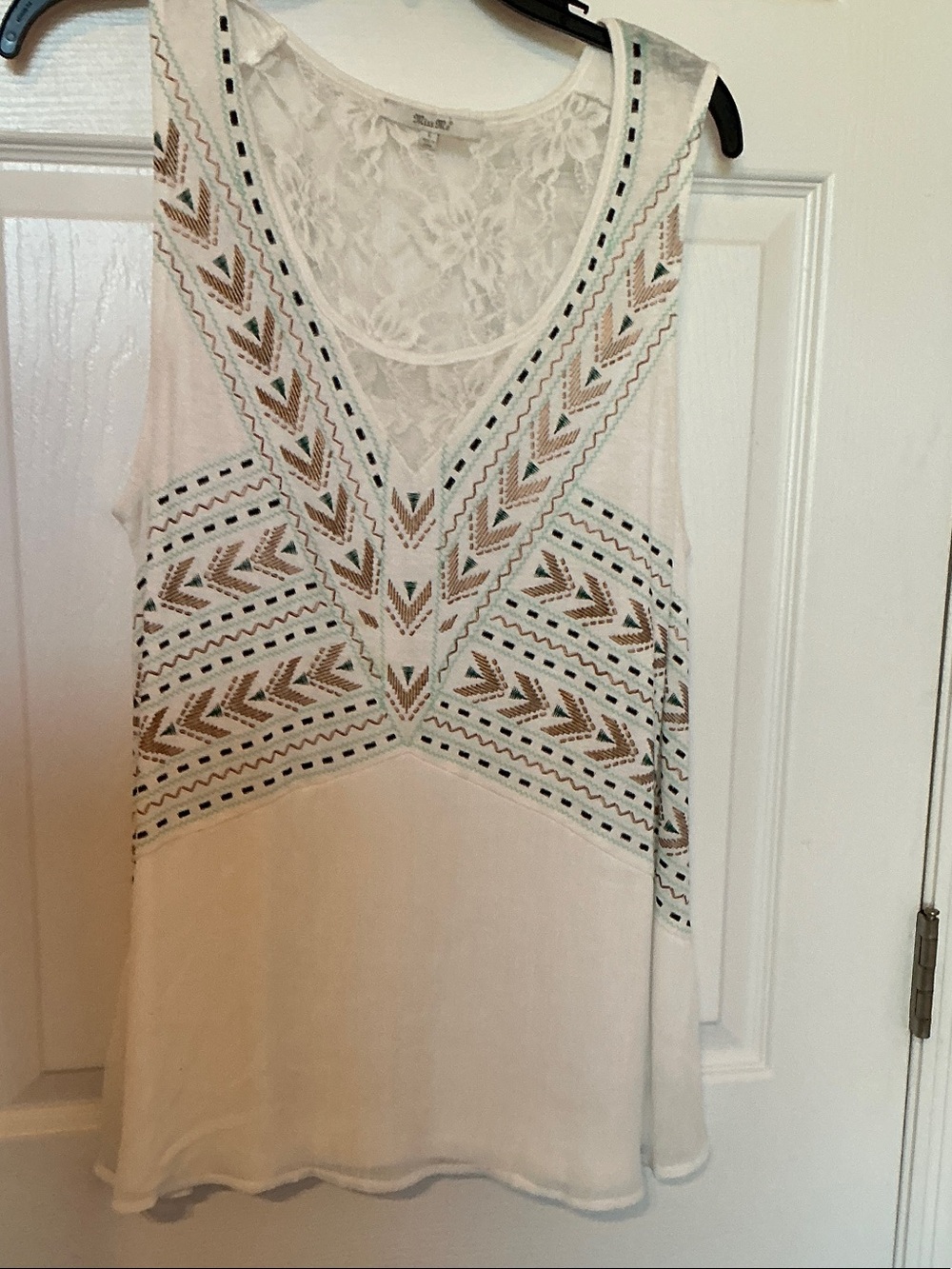 Miss Me Cream Embroidered Lace-Back V-Neck Tank